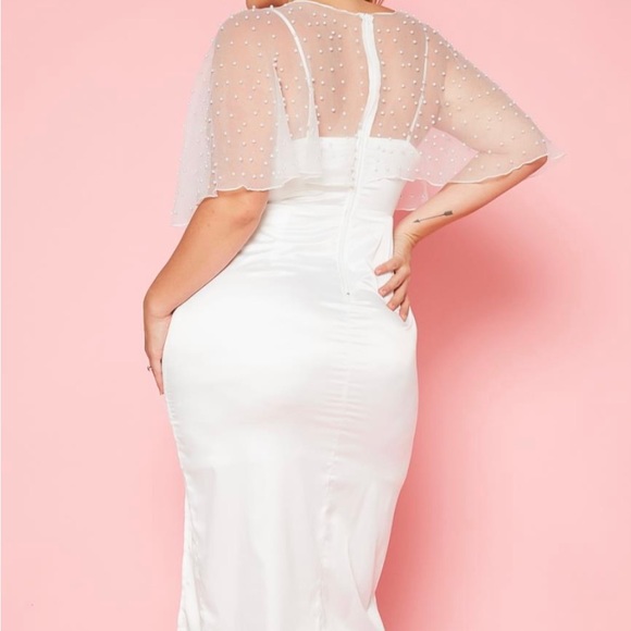 Plus Size Pearl Beaded Mesh Satin Midi Dress - Picture 4 of 5